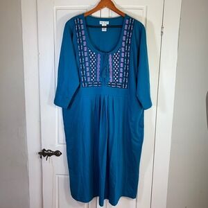 Ulla Popken Womens Dress 20 / 22 Teal Blue A Line Fit Embroidered Tassel Plus Sz